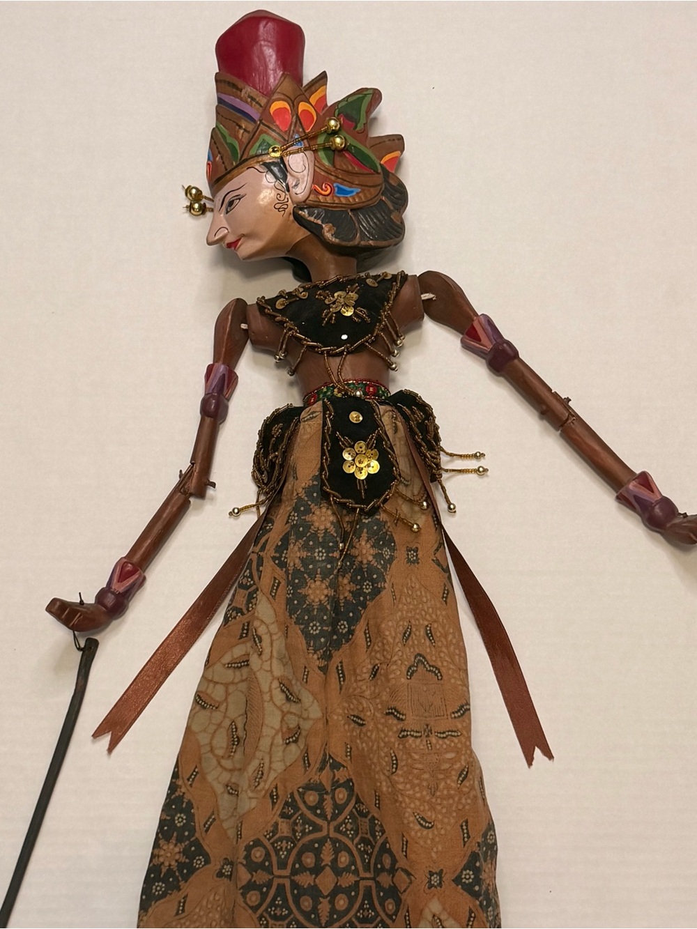 Hand-Painted Indonesian Wayang Kulit Wood Puppet - Brown & Multicolor
